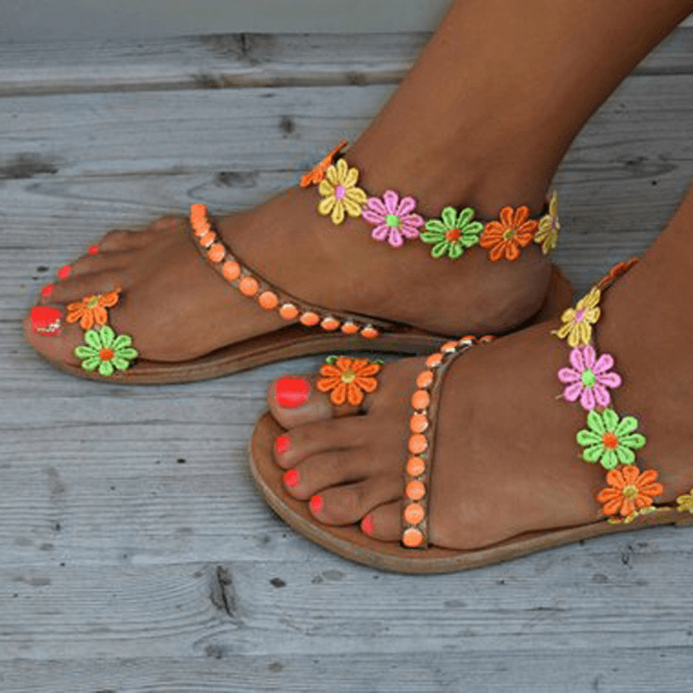 Women Bohemian Flower Decoration Bead Slip on Clip Toe Summer Beach Flat Sandals - MRSLM