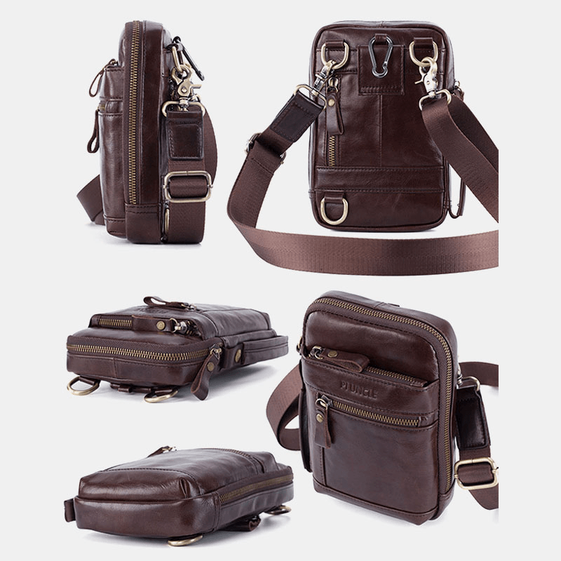 Men Genuine Leather Multi-Layer Crossbody Bag Waist Belt Bag Shoulder Bag Phone Bag - MRSLM