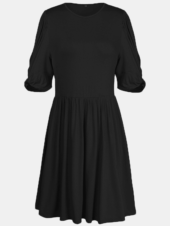 Women Pleats Solid Color Twist Sleeve Casual Dress - MRSLM