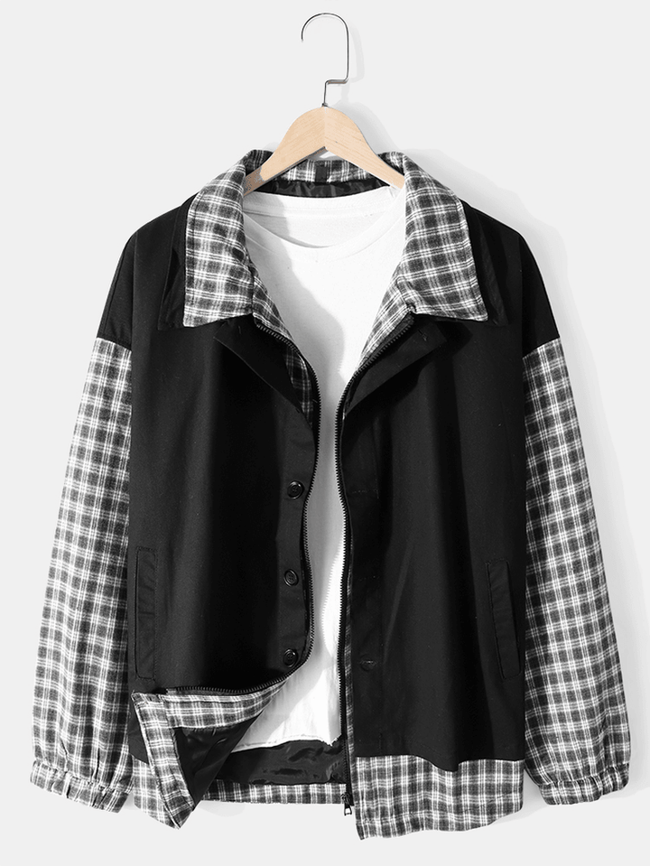 Mens Plaid Patchwork Drop Shoulder Slant Pocket Long Sleeve Jacket - MRSLM