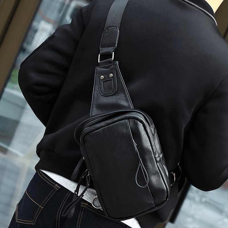 Men PU Casual Zipper Small Black Brown Blue Crossbody Shoulder Chest Bag - MRSLM