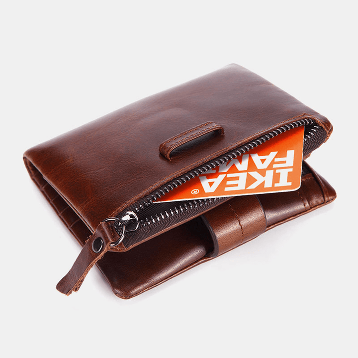 Men Genuine Leather Retro Zipper Cowhide Multi-Slot Card Holder Wallet - MRSLM