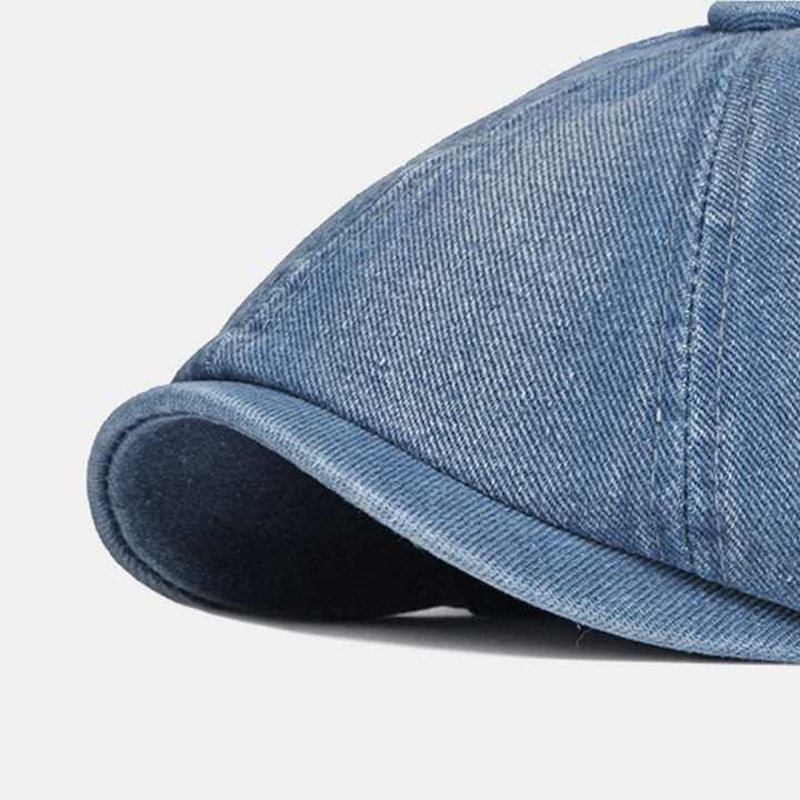 Men Washed Denim Back Elastic Band Design Adjustable Octagonal Hat British Retro Short Brim Newsboy Hat Flat Hat Painter Hat - MRSLM