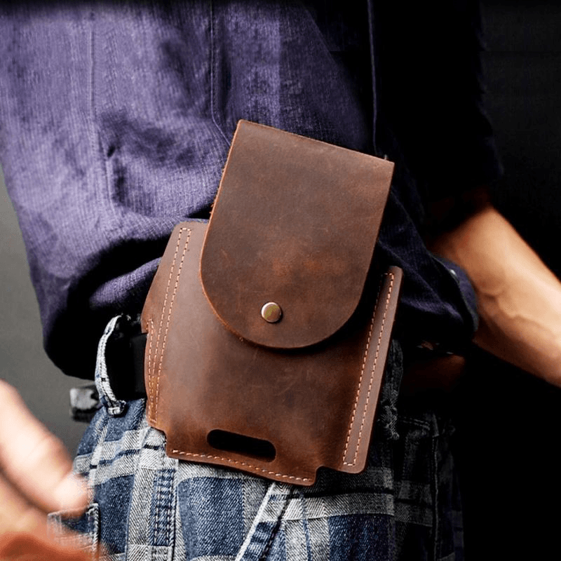 Men Genuine Leather Wear-Resistant Outdoor Sport 6.5 Inch Phone Bag Retro Cover Hasp Waist Bag Belt Bag - MRSLM