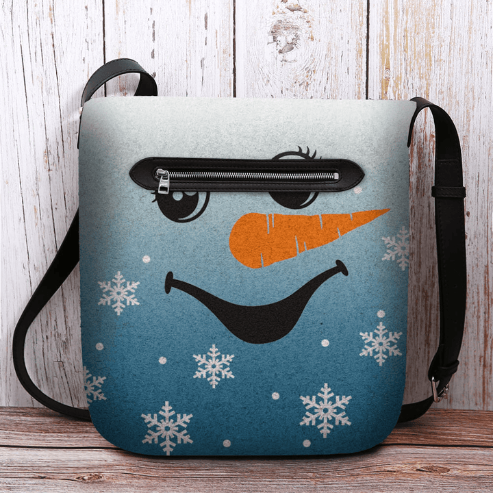 Women Felt Cute Festive Christmas Smile Snowman Snowflakes Print Crossbody Bag Shoulder Bag - MRSLM