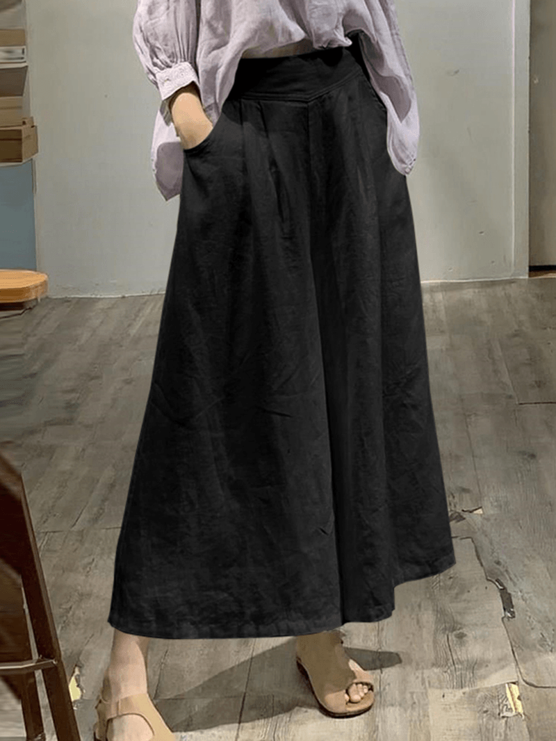 Women Cotton Elastic Waist Wide Leg Pants Casual Culottes with Pocket - MRSLM