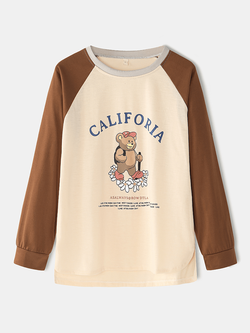 Women Cartoon Bear Pattern Letter Print Raglan Sleeve Pullover Pocket Pants Home Pajama Sets - MRSLM