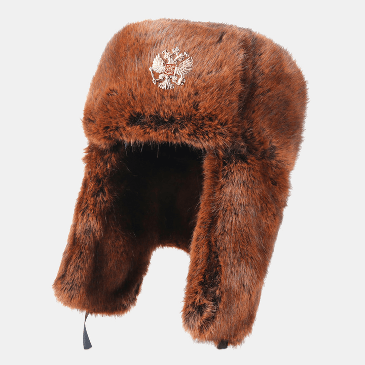 Men Plush Metal Badge Warm Windproof Ear Protection Trapper Hat Winter Outdoor Cold-Proof Ushanka Hat - MRSLM