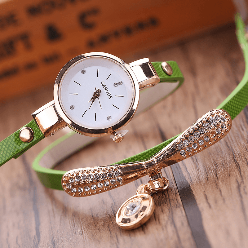 Retro Pu Strap Multi-Layer Lady Watch Metal Geometric Rhinestone Bow Pendant Women Quartz Watch - MRSLM