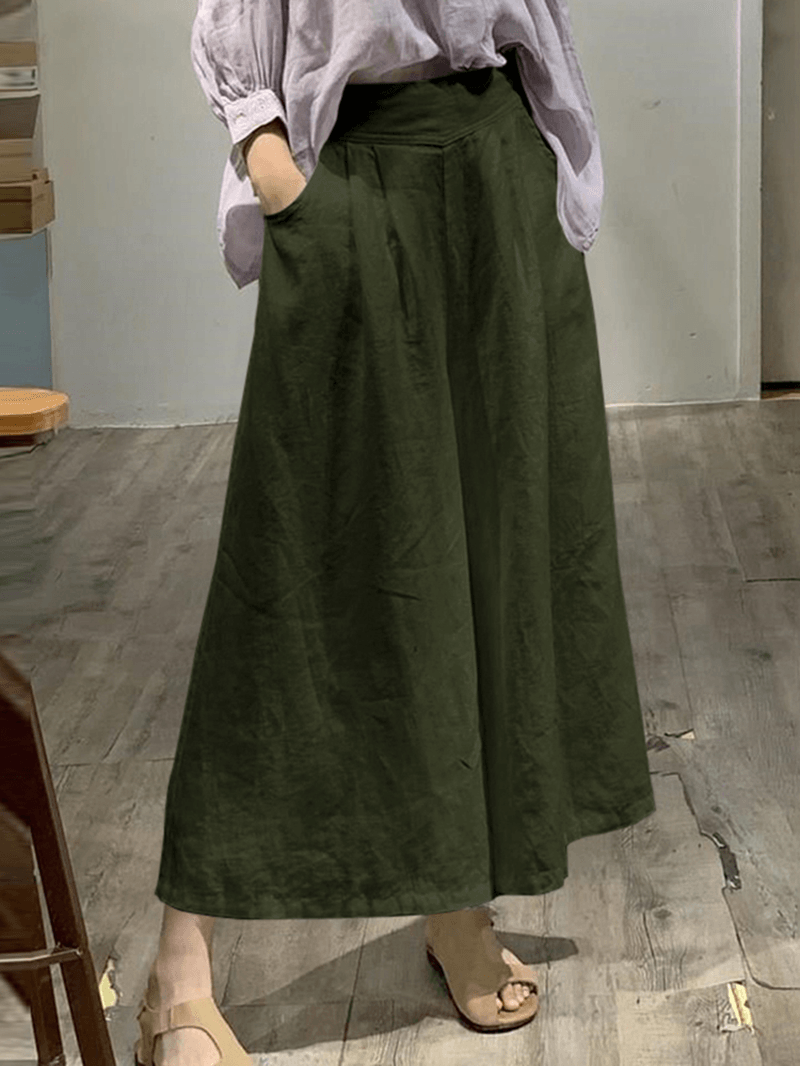 Women Cotton Elastic Waist Wide Leg Pants Casual Culottes with Pocket - MRSLM