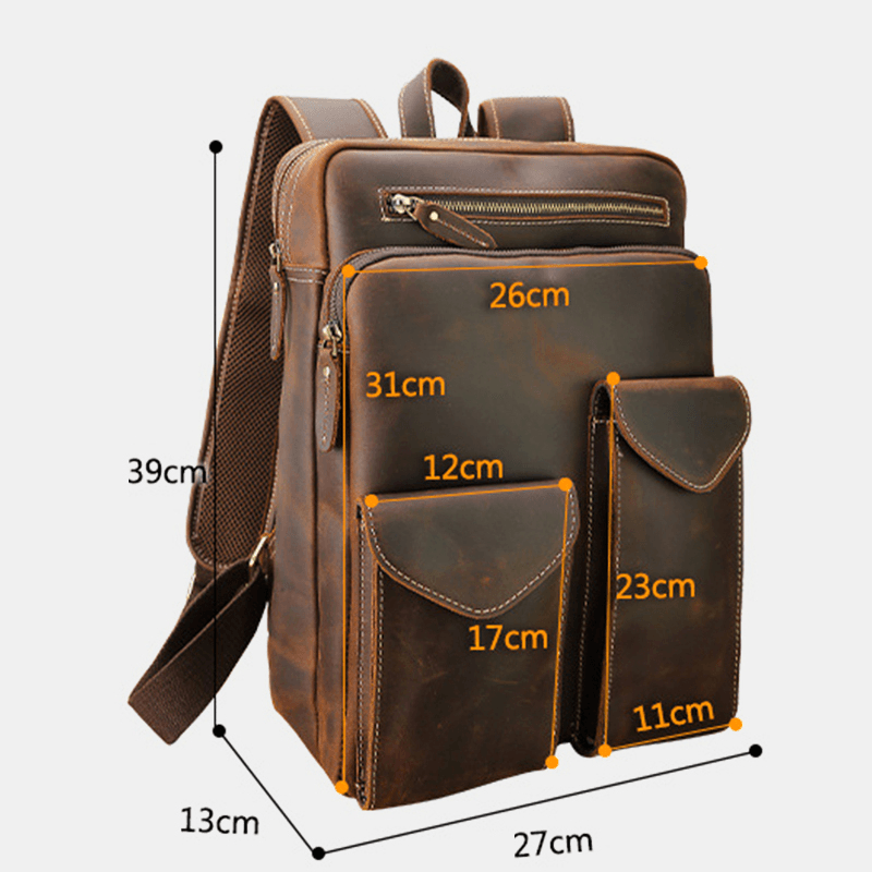 Men Genuine Leather Large Capacity Retro Casual Fashion 14 Inch Laptop Bag Travel Bag Business Backpack - MRSLM