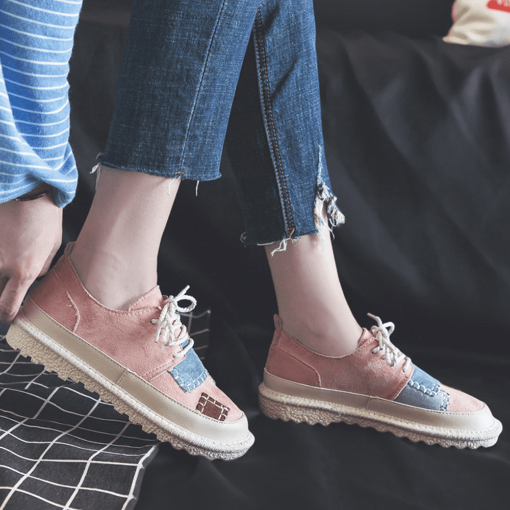 Women Splicing Slip Resistant Soft Casual Lace up Comfy Flats - MRSLM