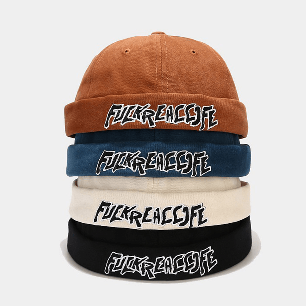 Unisex Cotton Solid Color Letter Embroidery Adjustable Drawstring Versatile Brimless Beanie Landlord Cap Skull Cap - MRSLM