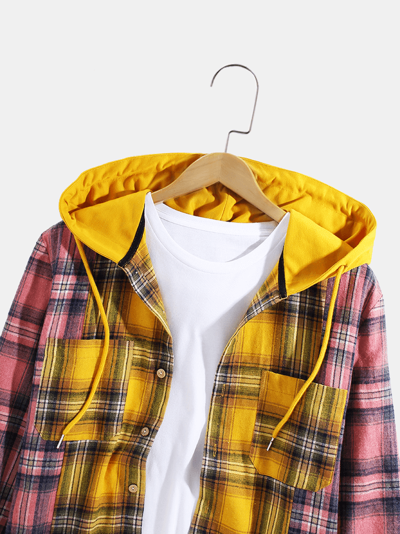 Mens Plaid Patchwork Button up Long Sleeve Hooded Shirts with Double Pocket - MRSLM