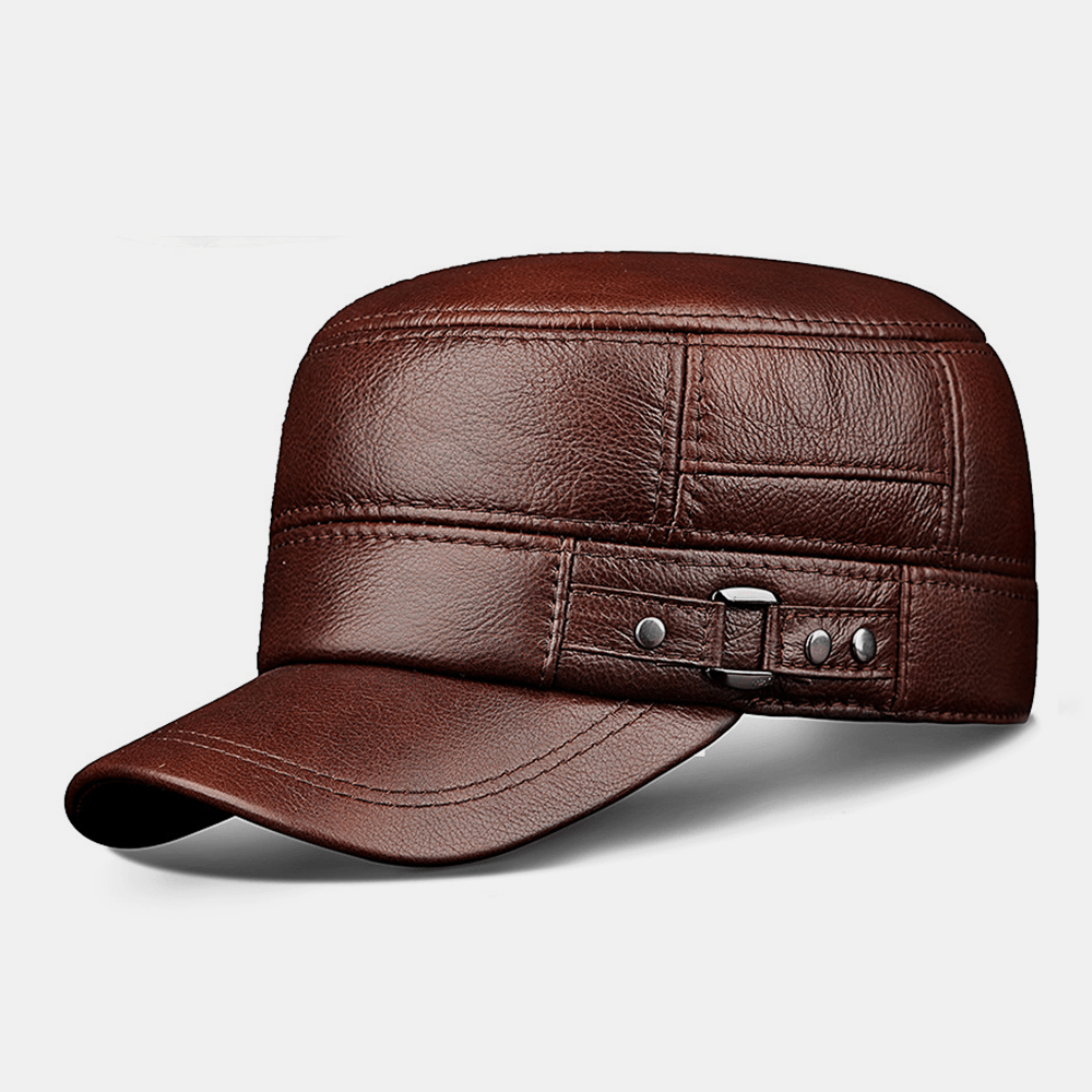 Men Genuine Leather Winter Keep Warm Ear Protection Solid Color Flat Hat Peaked Hat Baseball Hat - MRSLM