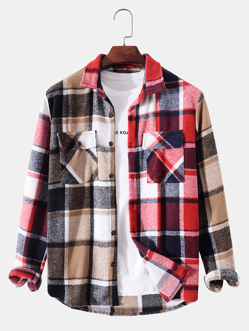 Men Patchwork Plaid Chest Pockets Button Lapel Casual Shirt - MRSLM