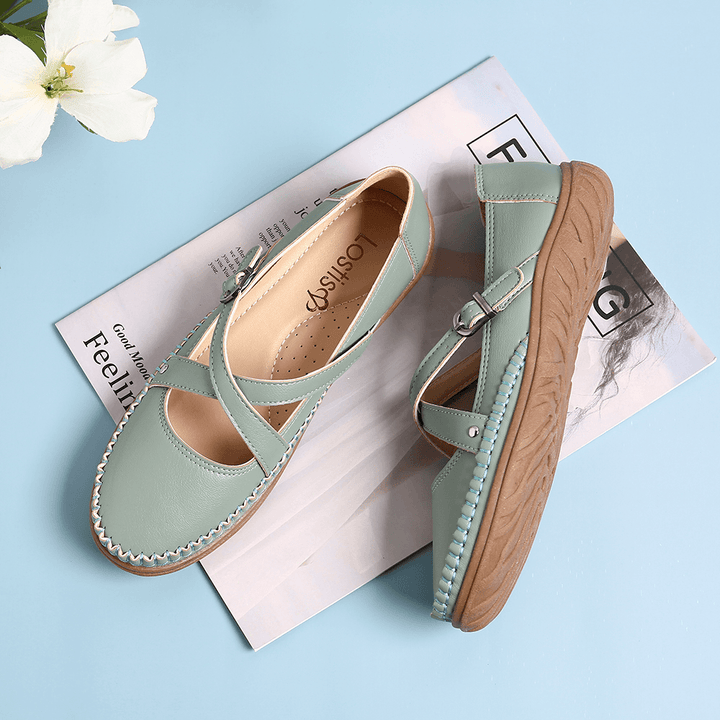 Women Cross Strap Stitching Buckle Slip Resistant Flats - MRSLM