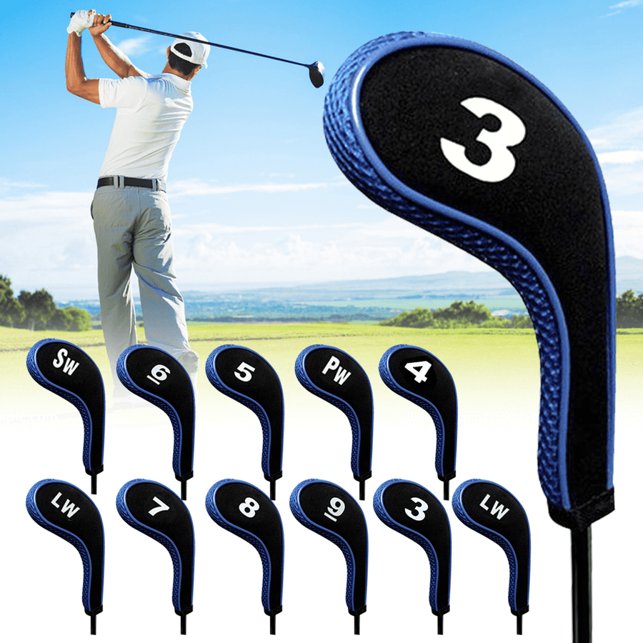 12Pcs/Set Golf Clubs Iron Head Covers Driver Professional Number Tag Headcovers Rubber Golf Long Neck Protector Case with Zipper Long Neck Blue - MRSLM