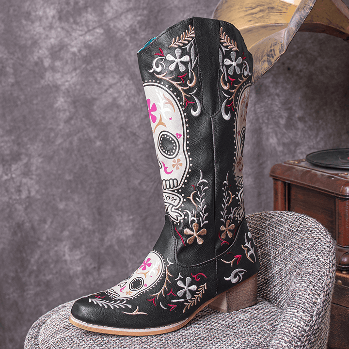 Women Color Kartoon Printed Embroidered Wear Resistant Chunky Heel Mid-Calf Boots - MRSLM