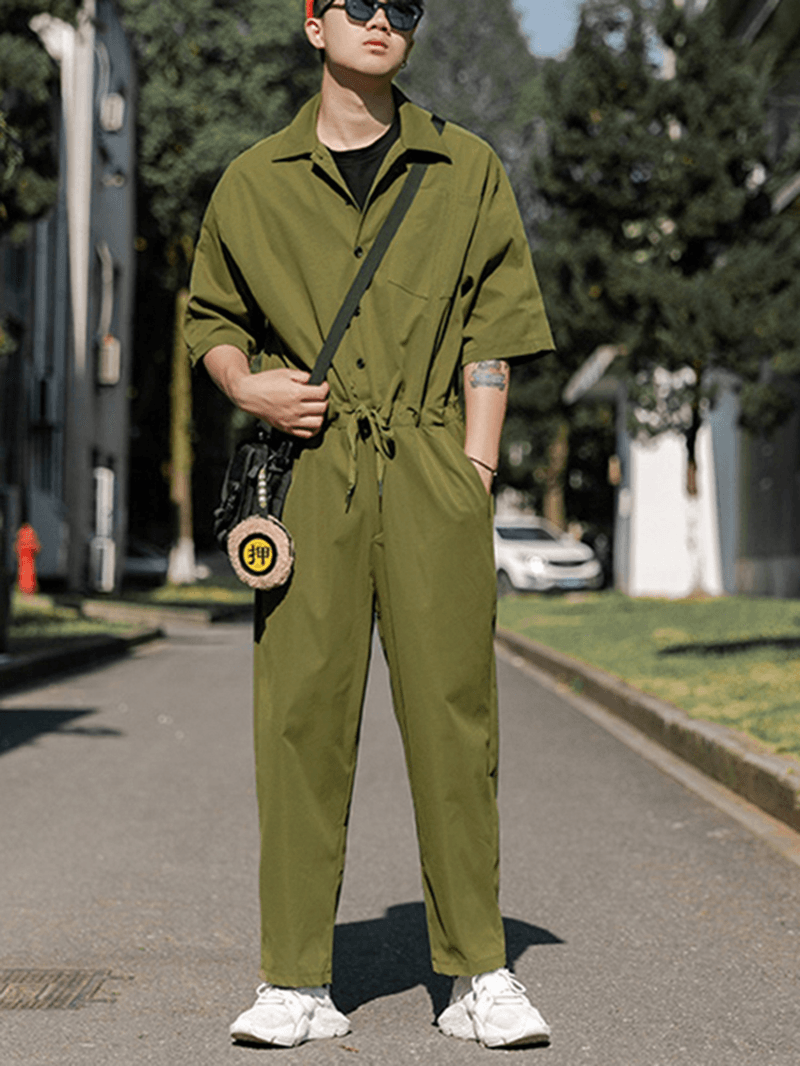 Men Solid Color Chest Pocket Drawstring Half Sleeve Rompers Pants - MRSLM