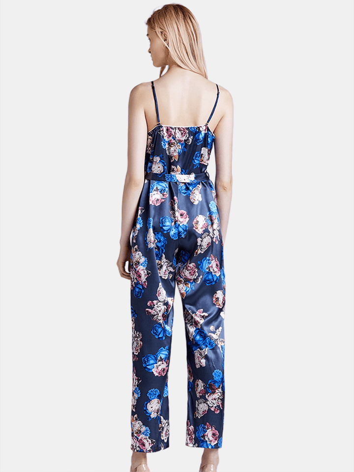 Silk Sleeveless Jumpsuits Long Pants Flora Printed Sleepwear - MRSLM