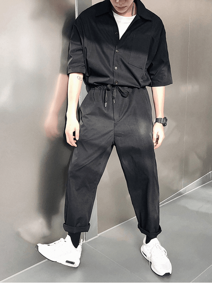 Men Solid Color Chest Pocket Drawstring Half Sleeve Rompers Pants - MRSLM