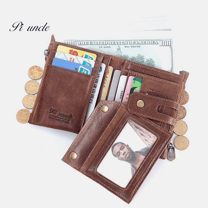 Men Retro Genuine Leather RFID Blocking Wallet 15 Card Slots Zipper Wallet - MRSLM