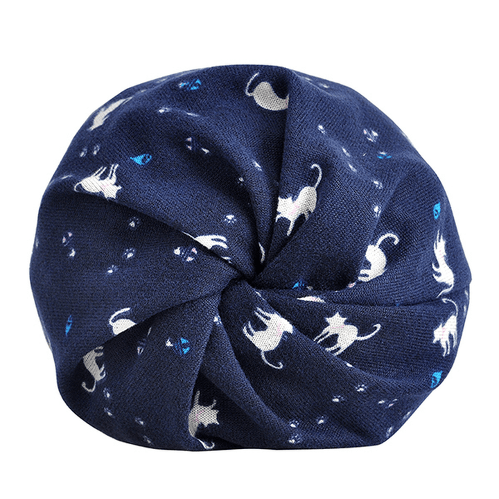 Women Cotton Cat Printing Beanie Hats Casual Outdoor Warm for Both Hats and Scarf Use - MRSLM