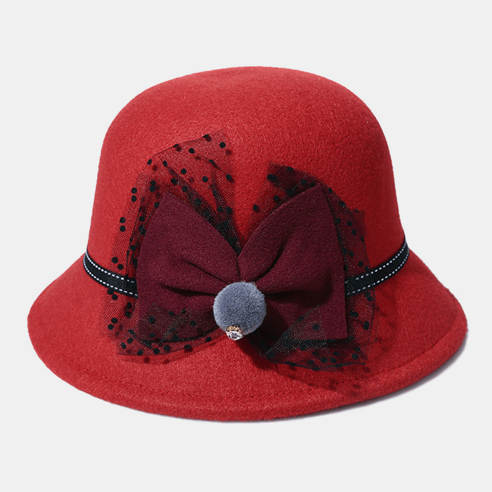 Women Winter Outdoor Cool Protection Warm Top Hat Felt Bow Decoration Lace Fedora Hat Bucket Hat - MRSLM