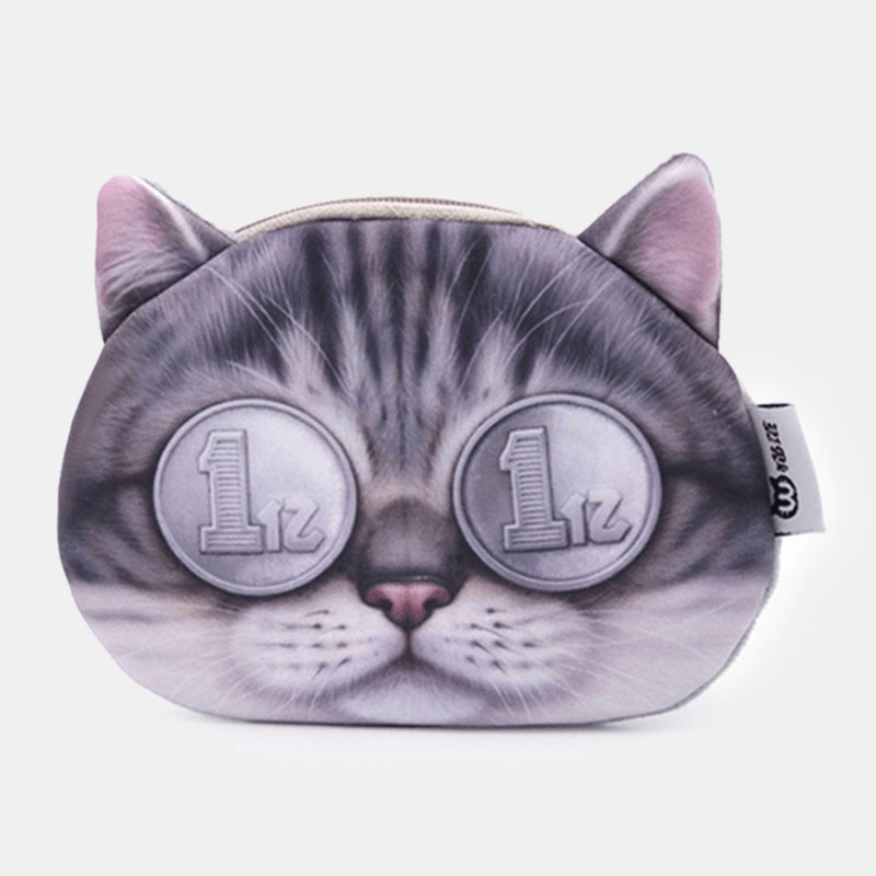 Women Cartoon 3D Cat Head Personality Cute Small Storage Bag Coin Bag - MRSLM