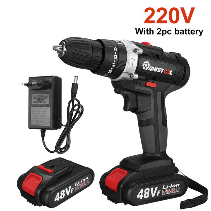 110V/220V 3 in 1 Cordless Impact Drill Hammer Screwdriver with 2Pcs 48V Lithium Batteries - MRSLM