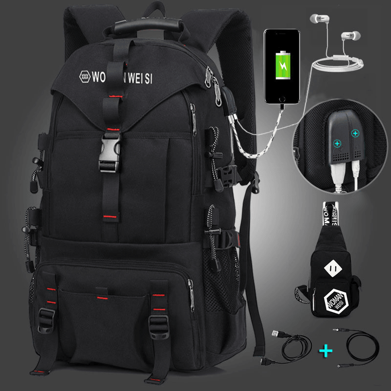 Men Large Capacity Outdoor Waterproof USB Charging Multi-Pocket 14 Inch Laptop Bag Travel Climbing Backpack - MRSLM