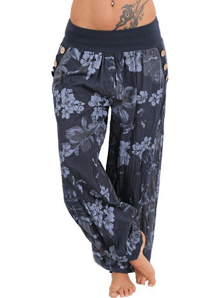 Women Casual Loose Floral Print Button Full Length Pants - MRSLM