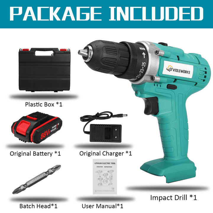 VIOLEWORKS 88VF Cordless Electric Impact Drill 2 Speed Hand Screwdriver Drill 25+1 Torque 3/8" Chuck W/ 1/2Pcs Battery - MRSLM