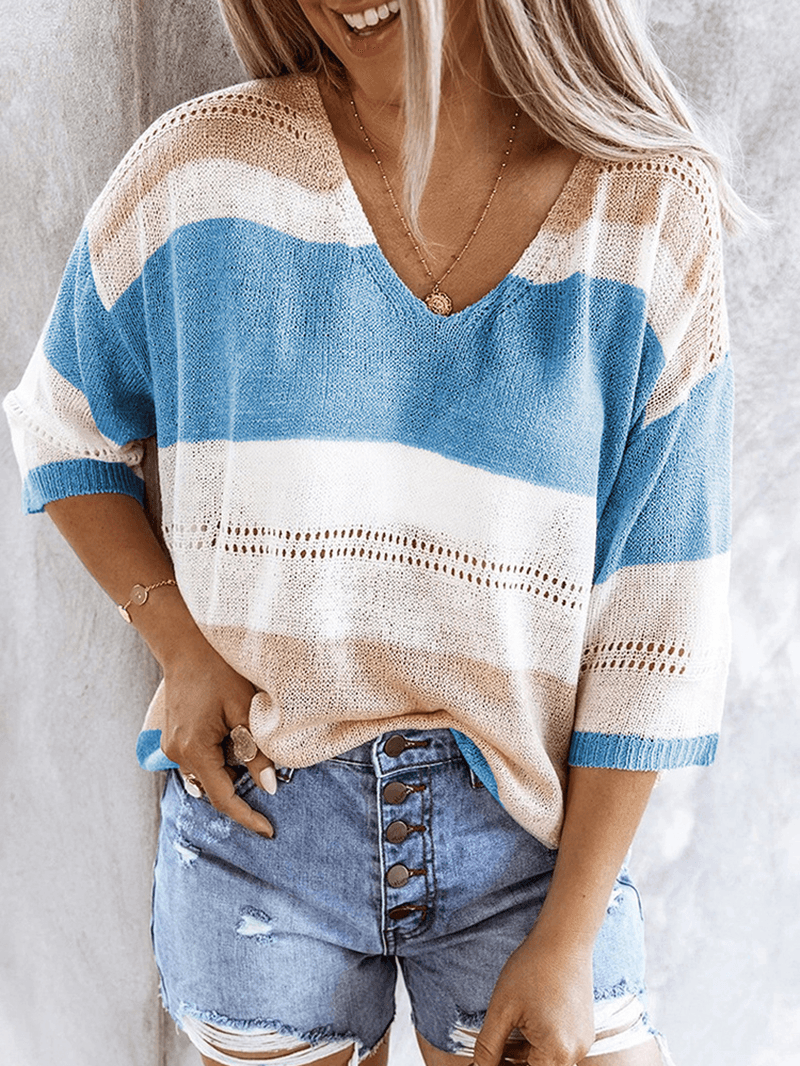 Casual Loose Color Block V-Neck Long Sleeve Sweaters - MRSLM