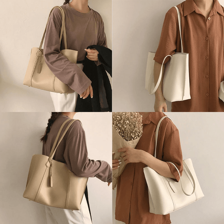 Women PU Leather Large Capacity Casual Brief Tote Shoulder Bag Handbag - MRSLM