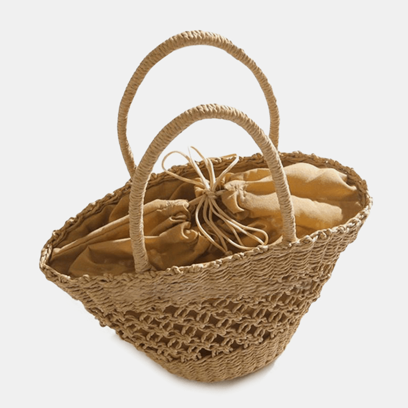 Women Straw Hollow Retro Handmade Paper String Cylindrical Bag Beach Bag Handbag - MRSLM