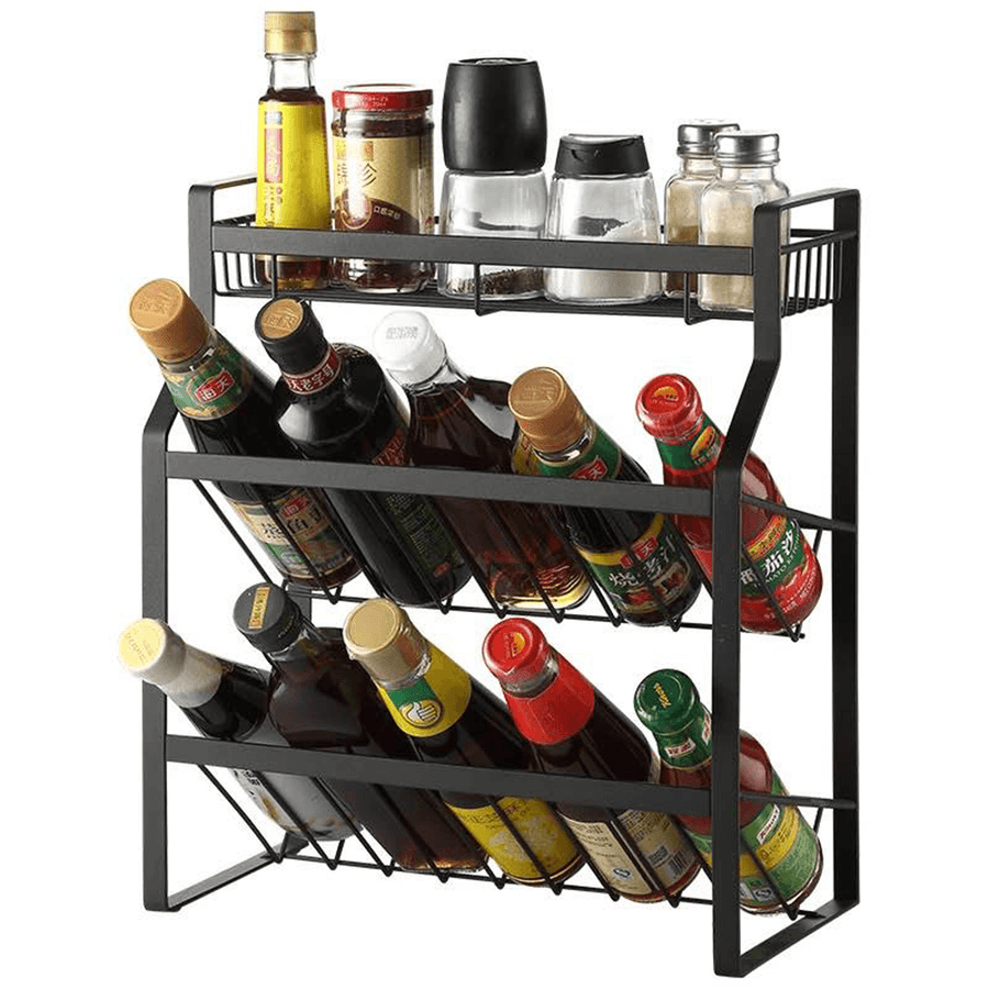 Multi-Functional 3-Tier Condiment Rack Kitchen Supplies Collection Arrangement Shelf Ground Storage Organizer - MRSLM