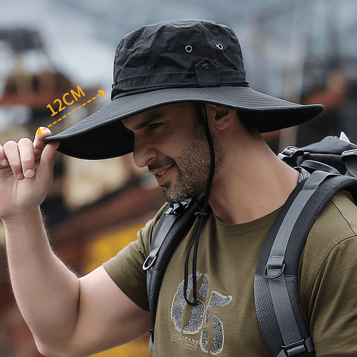 Men Wide Brim 12CM Outdoor Fishing Climbing UV Protection Sunshade Wear-Resistant Breathable Bucket Hat - MRSLM