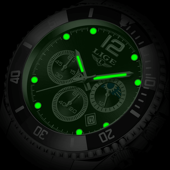 LIGE 8924 Business Casual Multifunctional Luminous Pointer with Small Dials Chronograph Stainless Steel Strap 3ATM Waterproof Men Quartz Watch Wristwatch - MRSLM