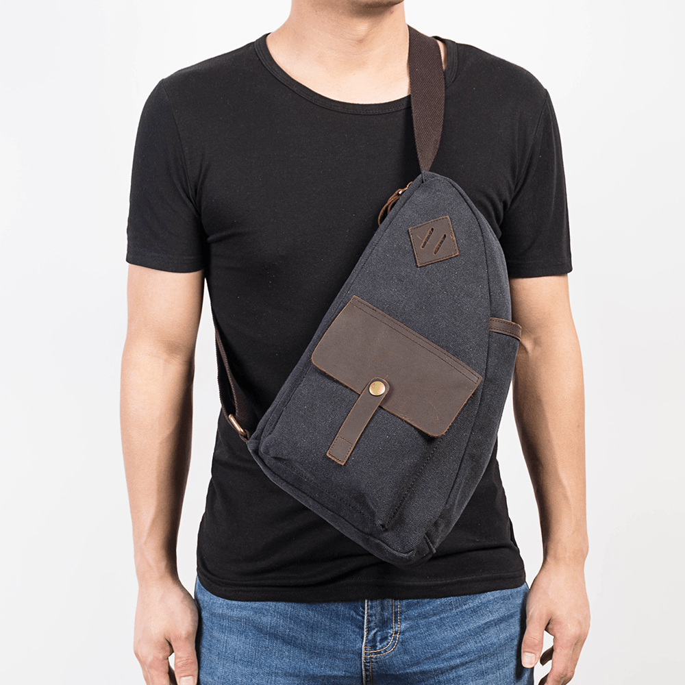 Men Canvas Patchwork Genuine Leather Chest Bag - MRSLM