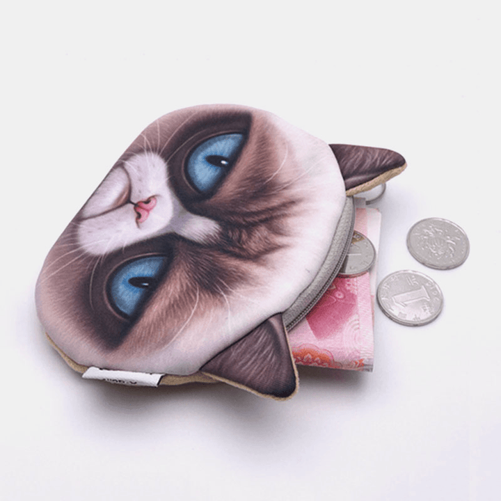 Women Cartoon 3D Cat Head Personality Cute Small Storage Bag Coin Bag - MRSLM