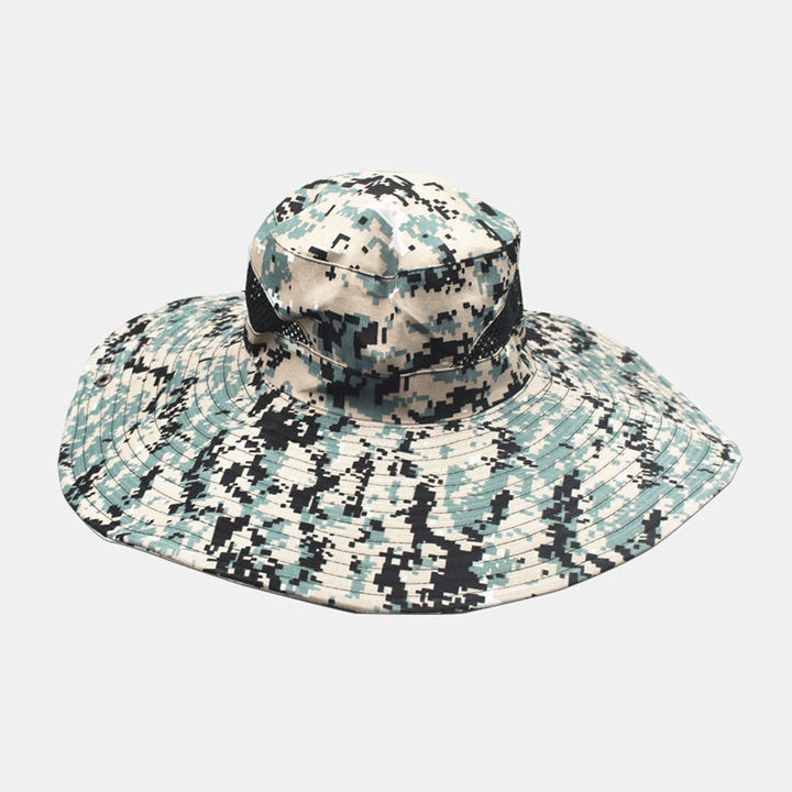 Men Camouflage Mesh Breathable Big Brim Outdoor Fishing Climbing Sunshade Bucket Hat - MRSLM