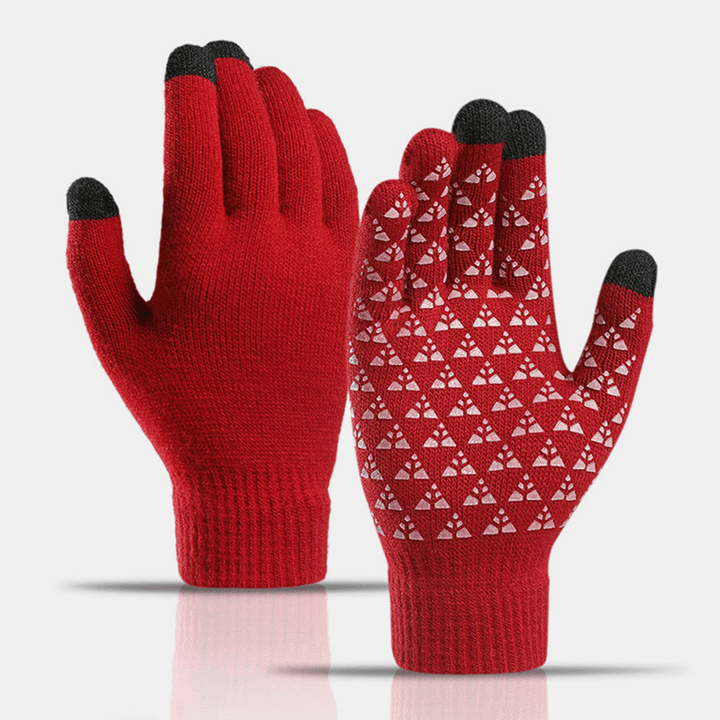 Unisex Three-Finger Touch-Screen Palm Triangle Silicone Non-Slip Pattern Knitted Gloves plus Velvet Thicken Soft Winter Warm Gloves - MRSLM