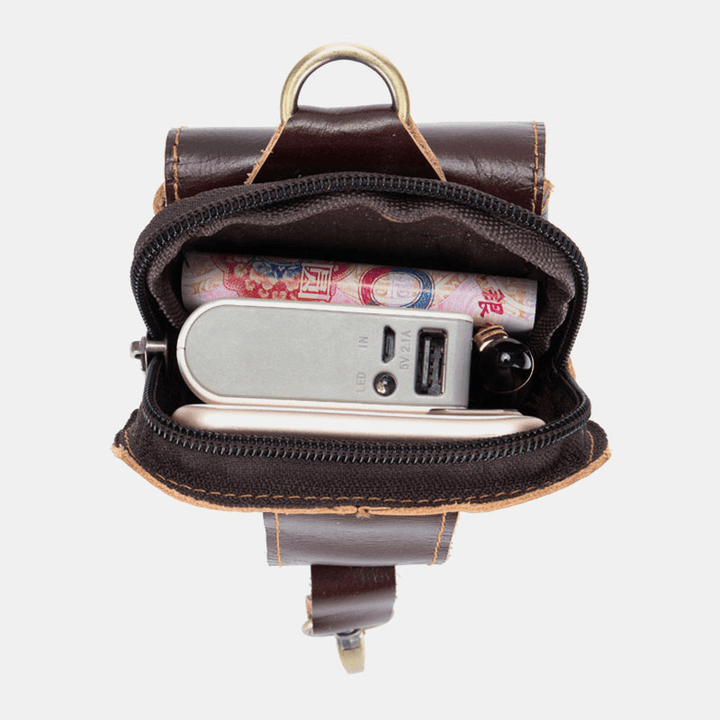 Men Genuine Leather Zipper Hasp Large Capacity Vintage 6.5 Inch Phone Bag Waist Bag - MRSLM