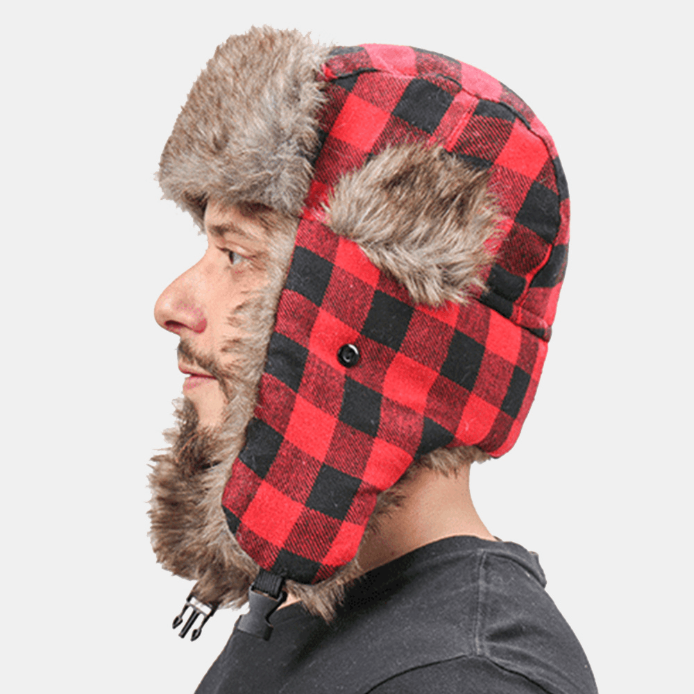 Men Plush Plaid Soviet Badge Windproof Waterproof Ushanka Hat Outdoor Sport Thicken Ear Protection Warm Trapper Hat - MRSLM