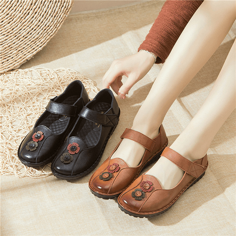 Women Comfy Hook Loop Leather Flat Loafers - MRSLM