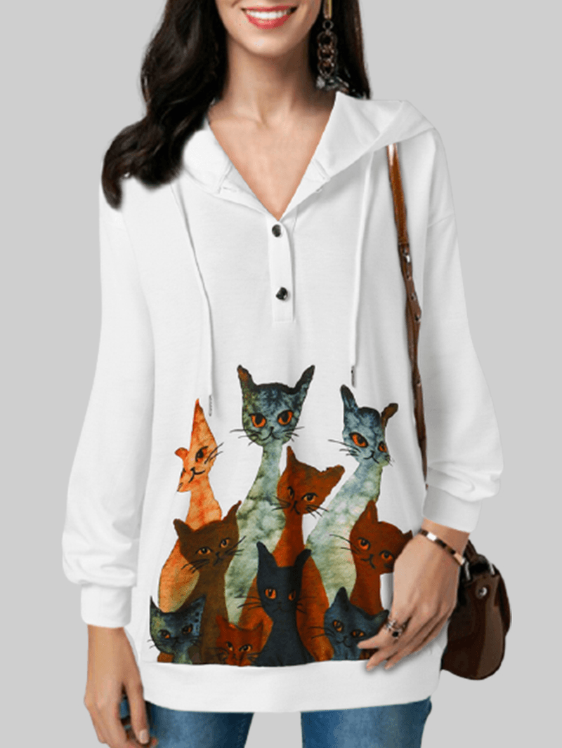 Women Multi Cartoon Cat Printed Long Sleeve Cute White Hoodies - MRSLM