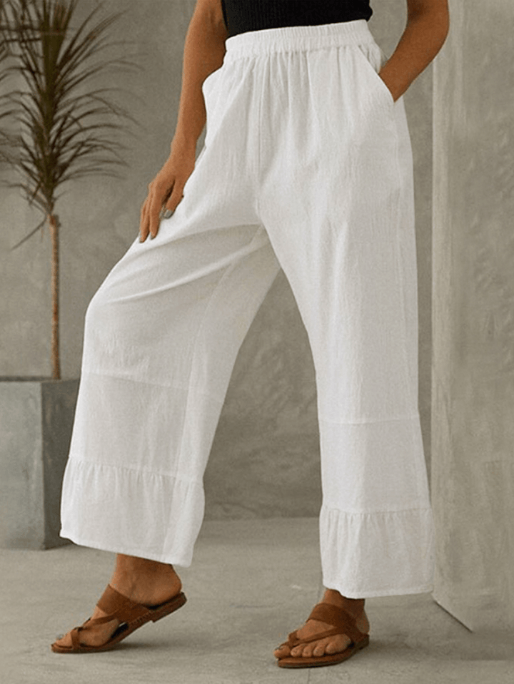 Women Cotton Plain Ruffle Cuff Elastic Waist Loose Casual Solid Wide Leg Pants - MRSLM