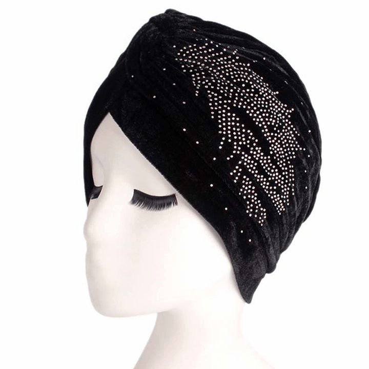 Womens Pleuche Skullies Beanies Thin Bonnet Cap Autumn Casual Diamond Beanies Hat Turban - MRSLM